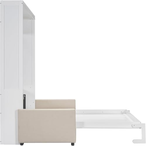 MERITLINE Queen Murphy Bed with Couch and Storage Shelves, White M951