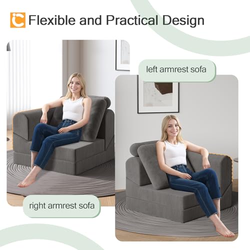COMAX Folding Sofa Bed Convertible Chair Bed Corduroy 3-in-1 Floor Couch, Dark Grey E940