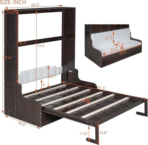 MERITLINE Queen Murphy Bed with Couch and Storage Shelves, White M951