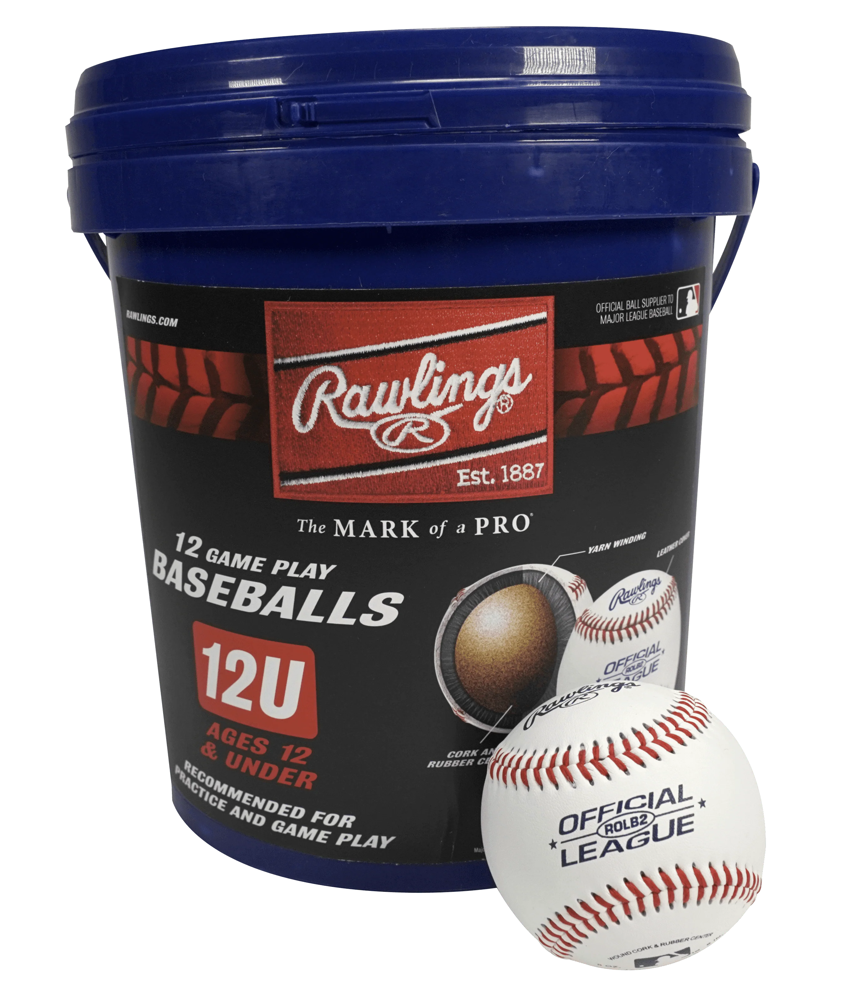 Rawlings ROLB2 12U Official League Youth Practice Baseball Bucket, 12 Count