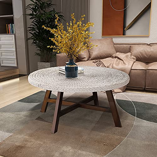 RANDEFURN Round Seagrass Coffee Table with Pine Wood X Base, 32 x 17 Inches E987219