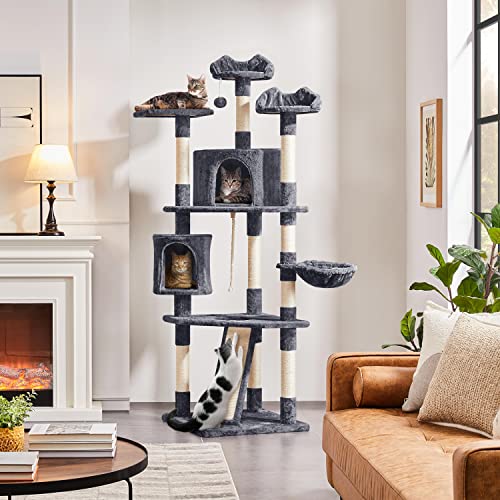 Yaheetech Multi-Level Cat Tree with Scratching Posts, Plush Perches and Condo, Dark Gray and White V70137