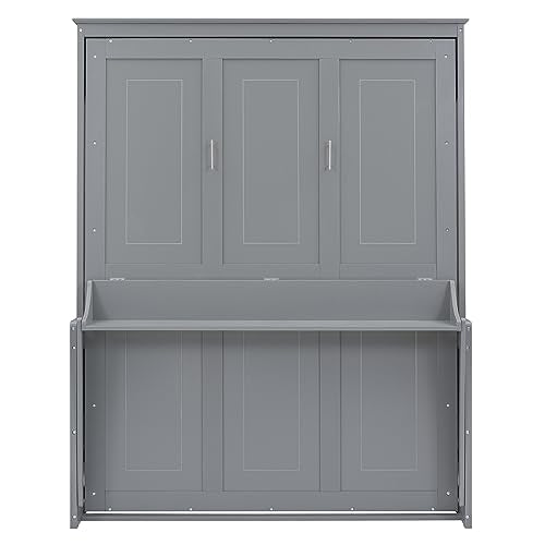 Queen Size Murphy Bed with Foldable Shelf/Desk, Solid Pine Wood, White P330