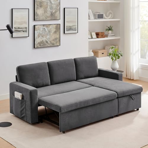 55" 3-in-1 Convertible Sleeper Sofa Bed with Adjustable Backrest, Chenille, Beige R49011