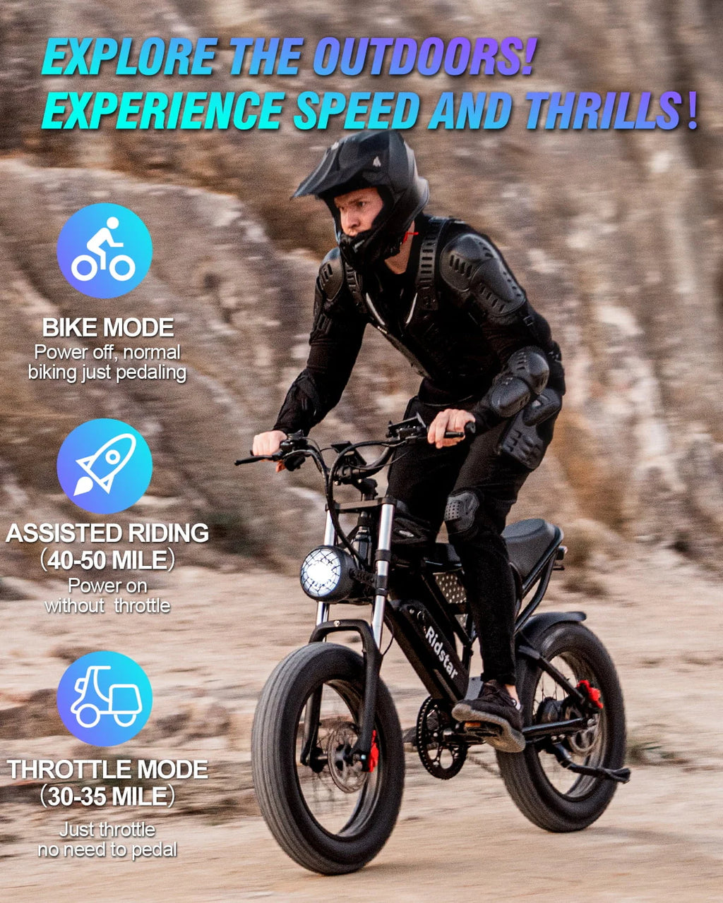 Ridstar Electric Bike for Adults, 20" Fat Tire, 1000W, Removable 48V/20Ah Battery L39664
