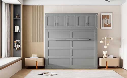 Full Size Murphy Bed with Drawers, Cabinets and USB Ports, Gray D589081