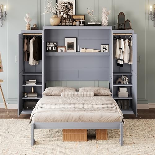 Harper & Bright Designs Full Murphy Bed with Two Closets and Storage Shelf, Walnut P2065
