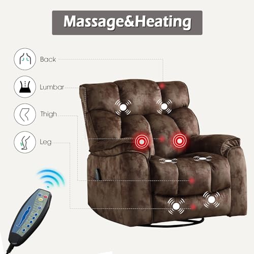 INZOY Massage Swivel Rocker Recliner with Heat and Vibration, Brown G989