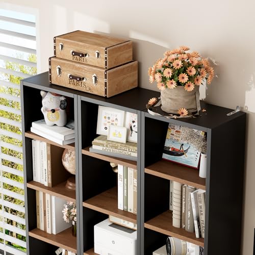 FOTOSOK 8-Tier Media Tower Rack, Tall Narrow Bookcase, Black/Brown W19438