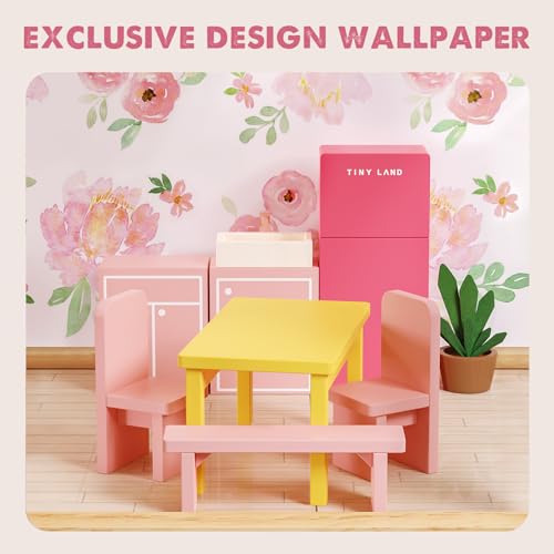 Tiny Land Wooden Dollhouse for Girls with 31Pcs Furniture Accessories, Green L263