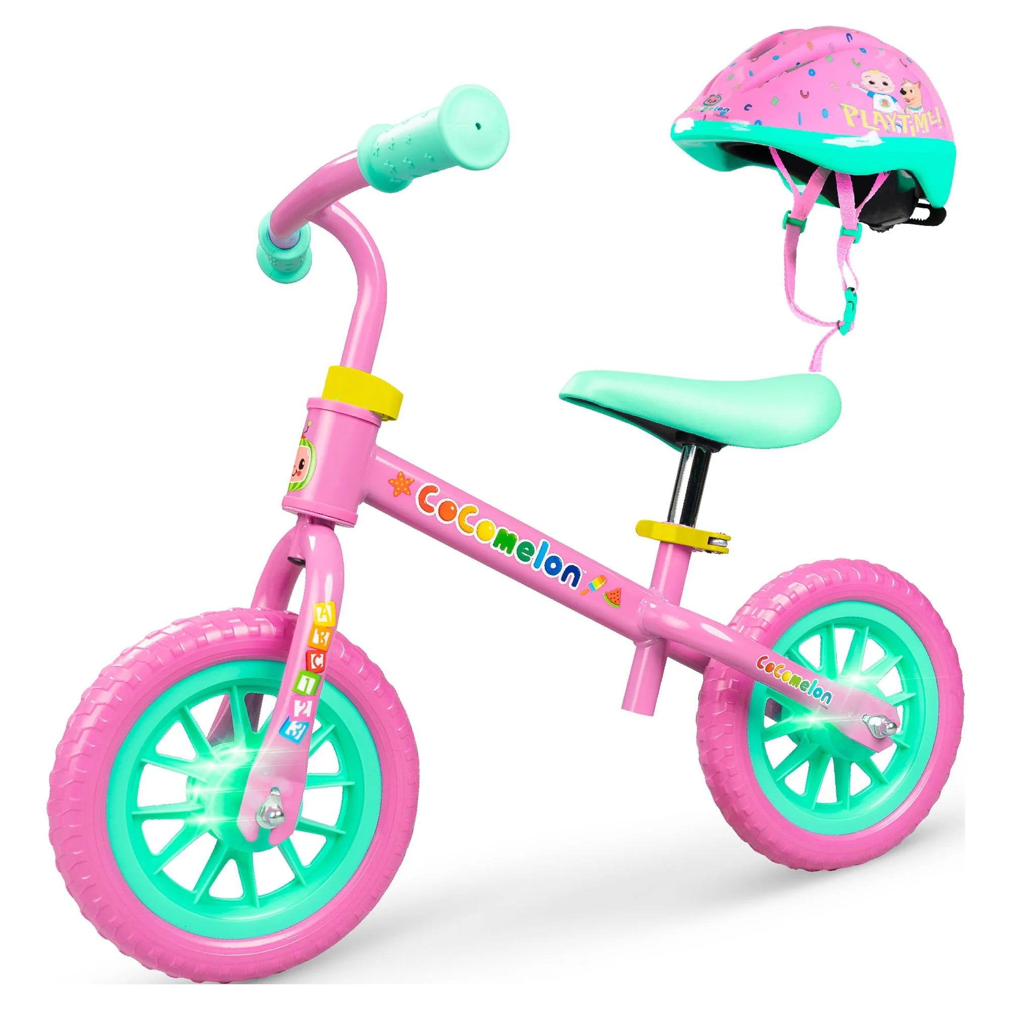 Cocomelon Toddlers Balance Bike with Adjustable Helmet, Light-up Wheels, Blue W771