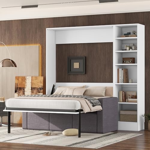 MERITLINE Queen Murphy Bed with Couch and Storage Shelves, White M951