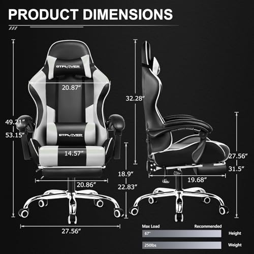 GTPLAYER Gaming Chair with Footrest and Lumbar Support, White S774