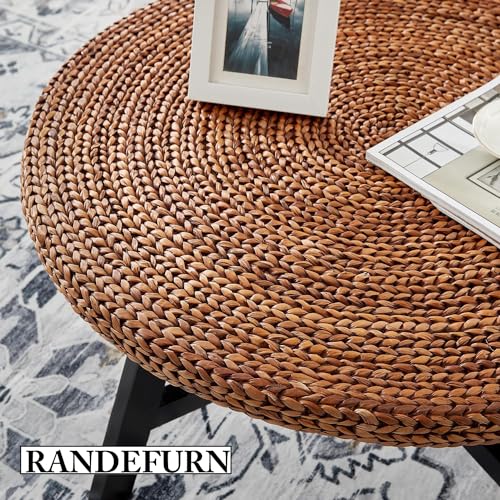 RANDEFURN Round Seagrass Coffee Table with Pine Wood X Base, 32 x 17 Inches E987219