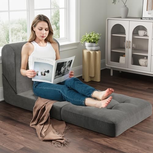 COMAX Folding Sofa Bed Convertible Chair Bed Corduroy 3-in-1 Floor Couch, Dark Grey E940