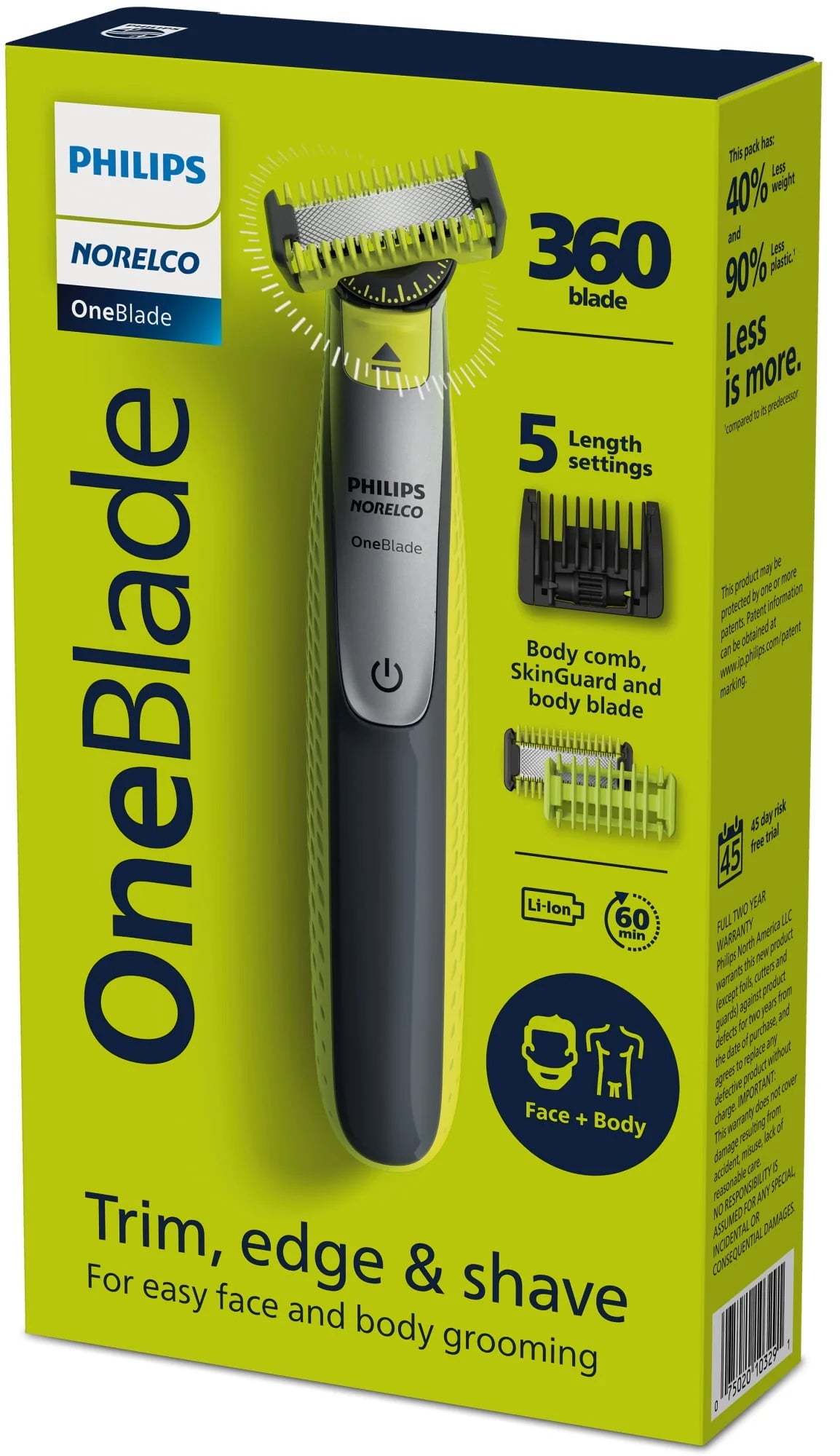Philips Norelco Oneblade 360 Face + Body Hybrid Electric Razor and Beard Trimmer for Men U52838