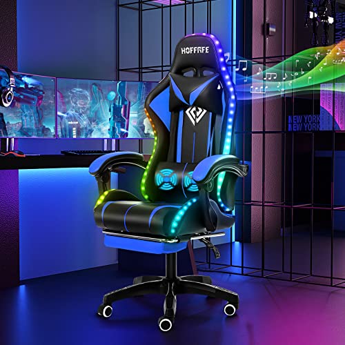 HOFFREE RGB Gaming Chair with Speakers and Footrest, Blue and Black B69323