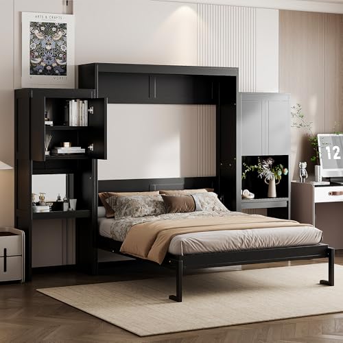 SOFTSEA Queen Murphy Bed with Desk and Storage, Espresso S562