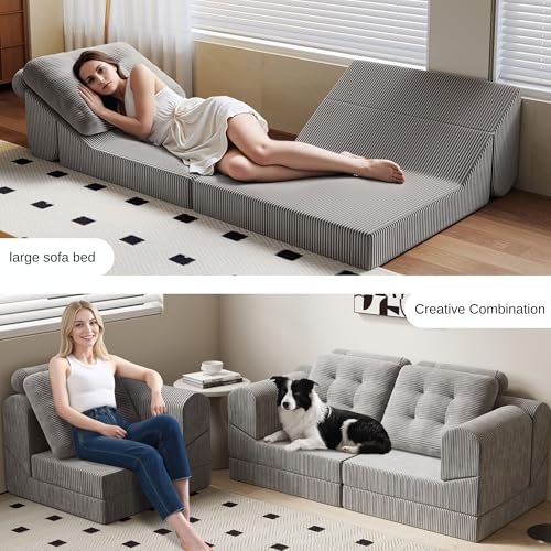 COMAX Folding Sofa Bed Convertible Chair Bed Corduroy 3-in-1 Floor Couch, Dark Grey E940