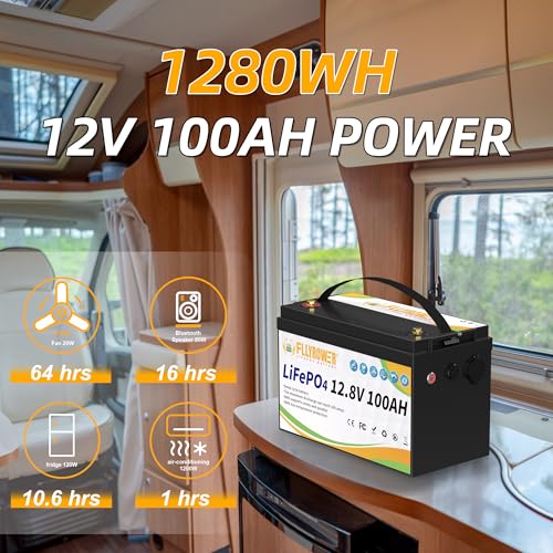 FLLYROWER 12V 100Ah LiFePO4 Battery with BMS for Marine RV Solar I833
