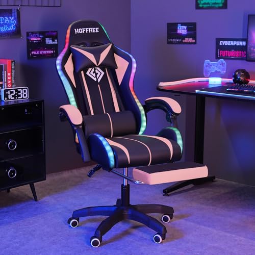 HOFFREE RGB Gaming Chair with Speakers and Footrest, Blue and Black B69323