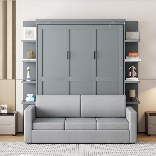 Queen Murphy Bed with Couch and Storage Shelves, Wood Cabinet, Grey I683551