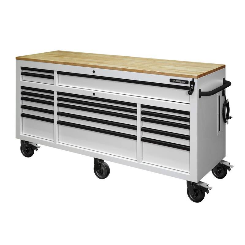 Tool Storage 72 in. W Heavy Duty Matte White Mobile Workbench Cabinet with Adjustable Height Wood Top