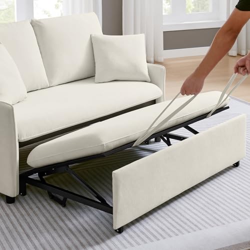 55" 3-in-1 Convertible Sleeper Sofa Bed with Adjustable Backrest, Chenille, Beige R49011