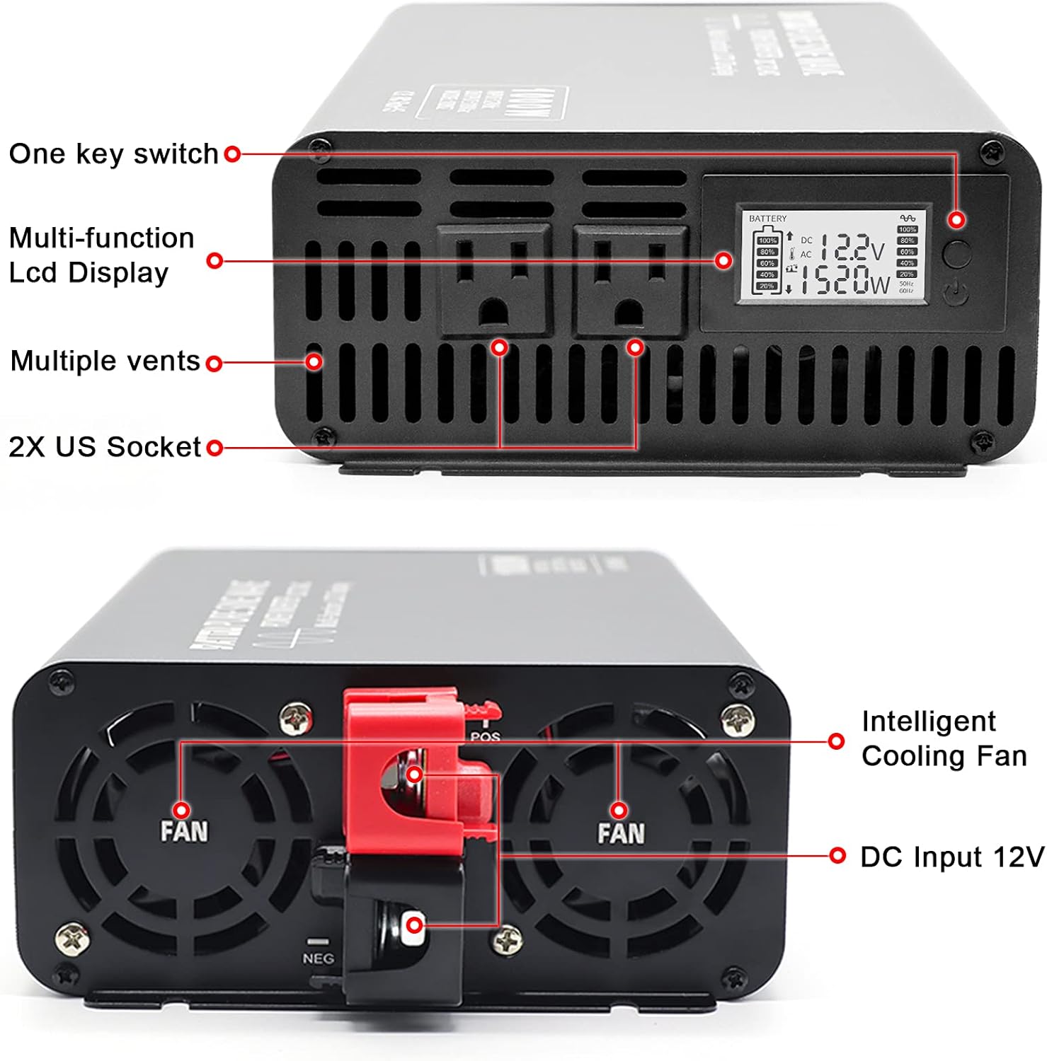 Pure Sine Wave Power Inverter 1500W DC 12V to AC 110V with 2 Outlets LCD Display X168216