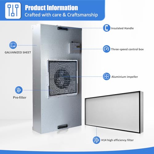 HEPA H14 Laminar Flow Hood with Fan Filter Unit, 22.6"x22.6" 110V, ISO Class 5 L625019