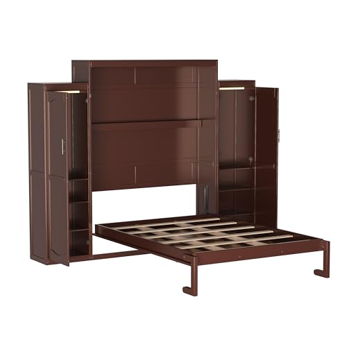 Queen Size Murphy Bed Wall Cabinet with 2 Wardrobes and Storage Shelf, White E955210