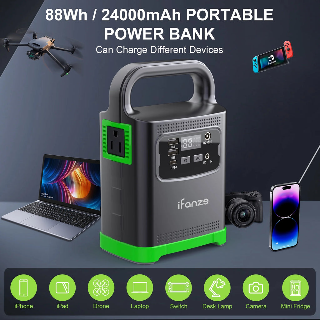 iFanze 100W Portable Power Station, 24000mAh, 110V AC Outlets for Camping & Home Backup W8478