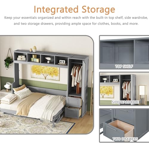 Linique Murphy Cabinet Wall Bed with Closet, Drawers and Top Shelf, Gray K190832