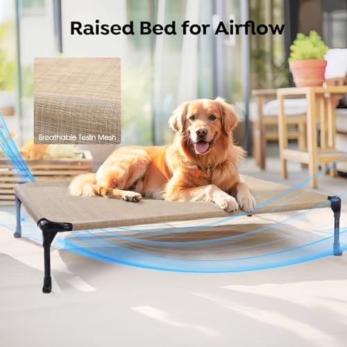 Veehoo Elevated Dog Bed with Removable Waterproof Bolster Cushion, Breathable Mesh, Indoor Outdoor, 42x30 inches, Beige U875430