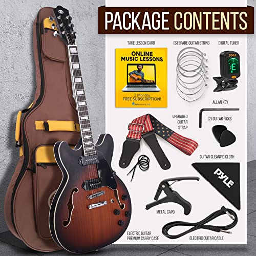 Pyle Semi Hollow Body Electric Guitar Set with Gig Bag, Matte Sunburst F19271