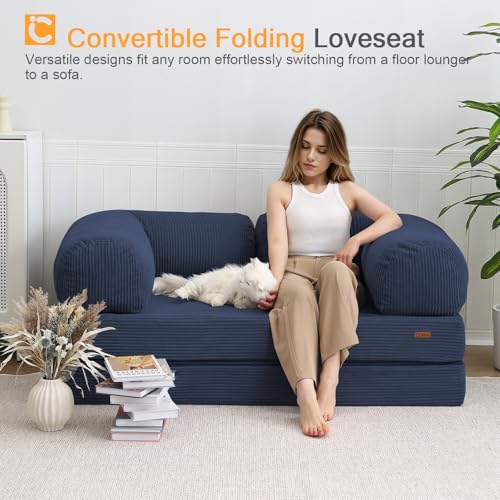 COMAX Folding Sofa Bed Convertible Chair Bed Corduroy 3-in-1 Floor Couch, Dark Grey E940