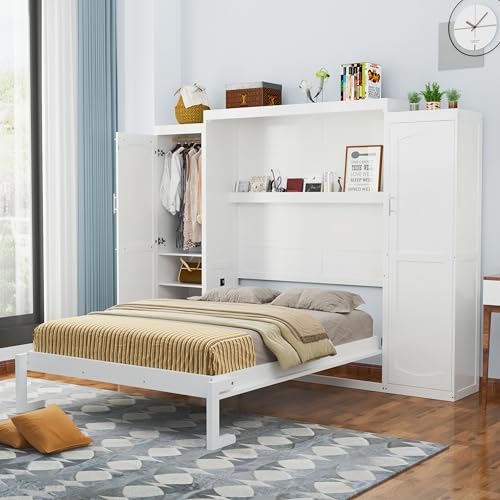 Harper & Bright Designs Full Murphy Bed with Two Closets and Storage Shelf, Walnut P2065
