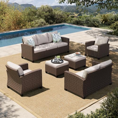 HERA'S HOUSE Patio Furniture Set with 56" Fire Pit Table, 6 Pieces 7 Seats Wicker Sectional Z546196