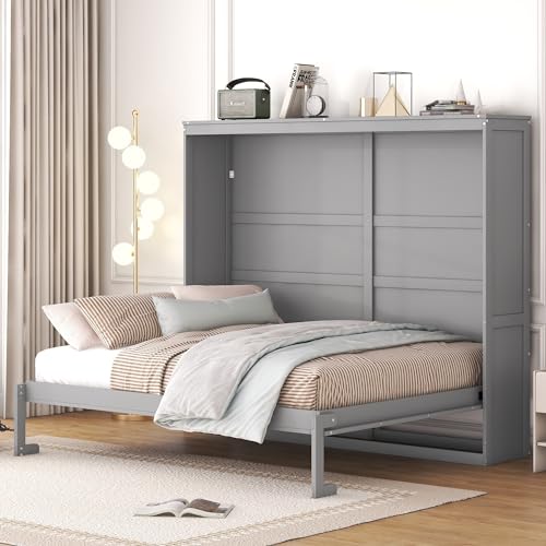 Harper & Bright Designs Queen Murphy Bed with Storage Shelves and LED Lights, Gray D9429