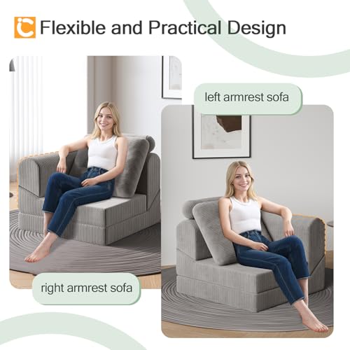 COMAX Folding Sofa Bed Convertible Chair Bed Corduroy 3-in-1 Floor Couch, Dark Grey E940