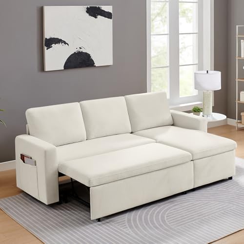 55" 3-in-1 Convertible Sleeper Sofa Bed with Adjustable Backrest, Chenille, Beige R49011