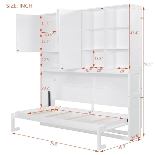 PURLOVE Wood Twin Murphy Bed with Light and USB, Gray W600663
