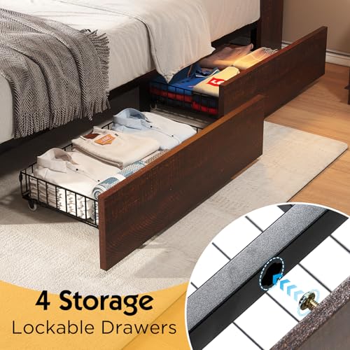 Farmhouse Bed Frame with Bookcase Headboard, LED Storage, Black G550865