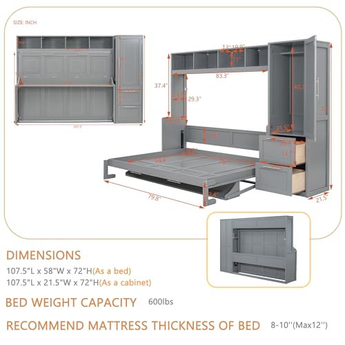 Linique Murphy Cabinet Wall Bed with Closet, Drawers and Top Shelf, Gray K190832