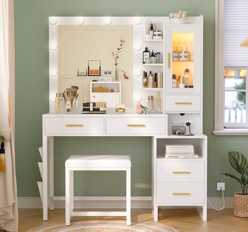 White Vanity Desk with Lighted Mirror and Chair, 5 Drawers Q413