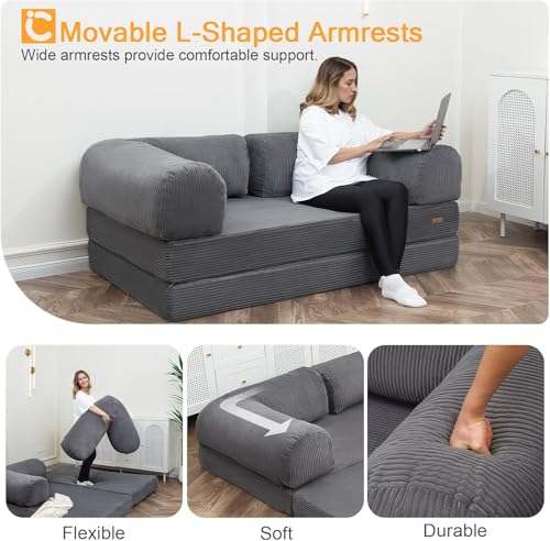 COMAX Folding Sofa Bed Convertible Chair Bed Corduroy 3-in-1 Floor Couch, Dark Grey E940
