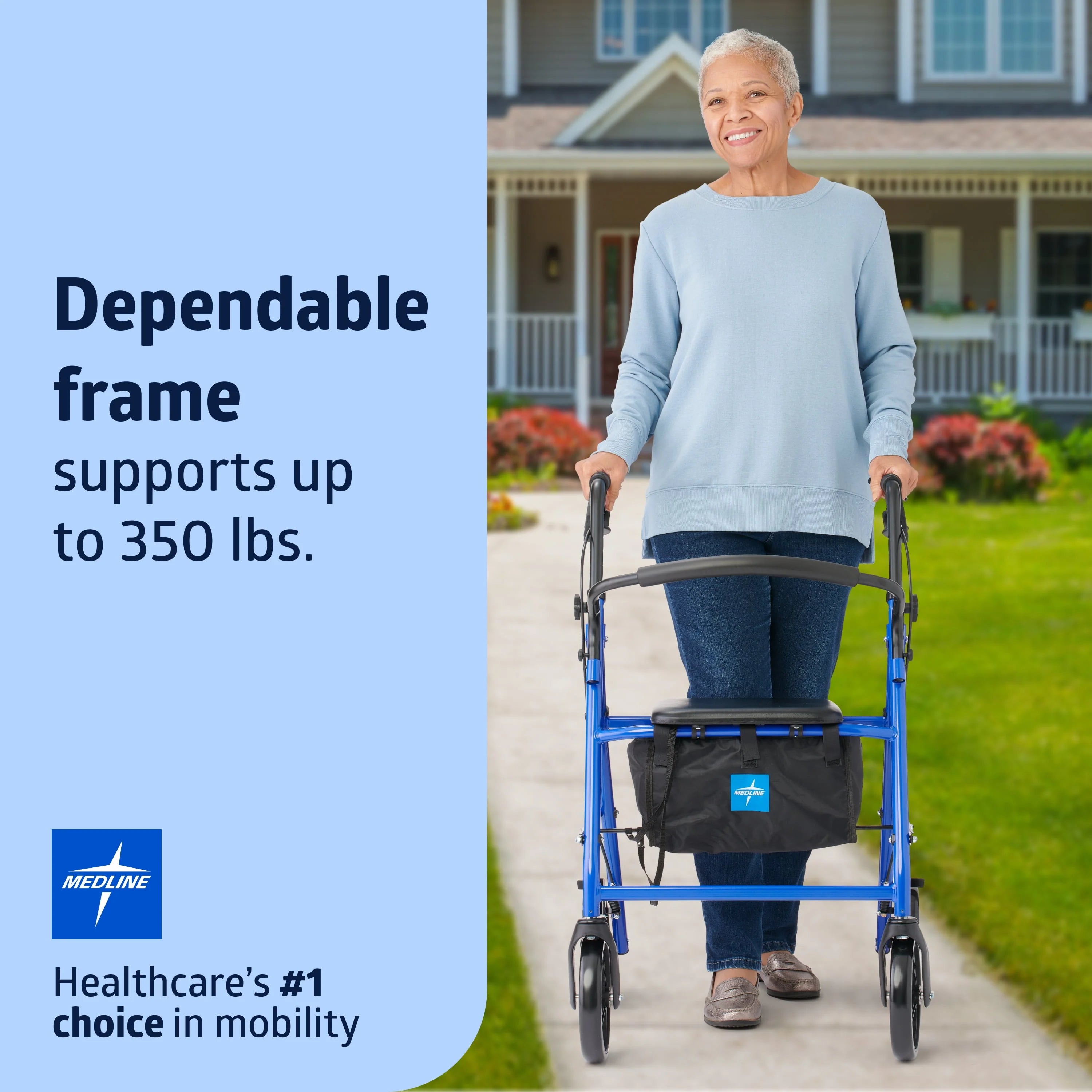 Medline Steel Rollator Walker for Adult, Blue, 350 lb Capacity J290028