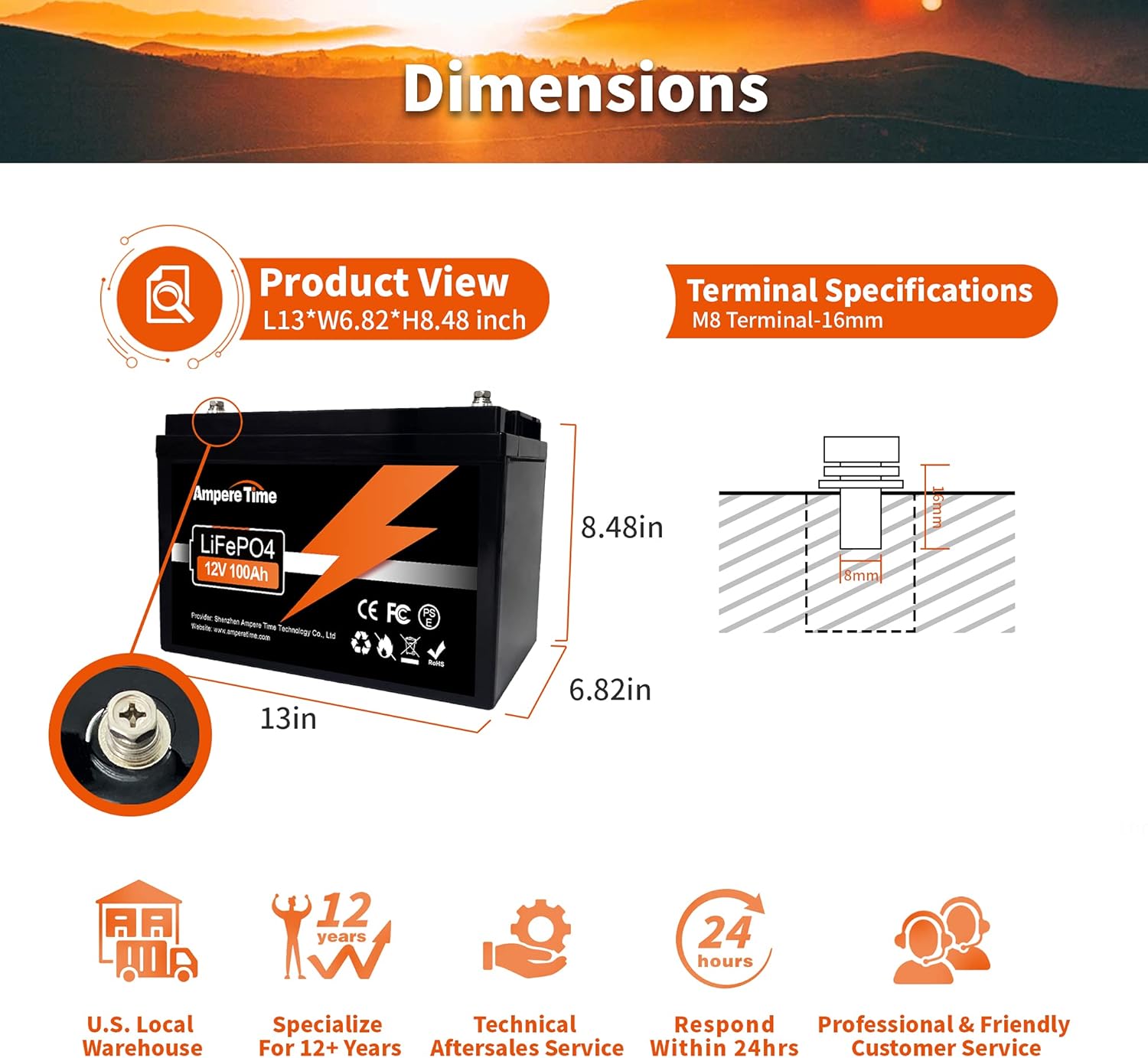 Ampere Time 12V 200Ah Plus LiFePO4 Battery with 200A BMS N84511