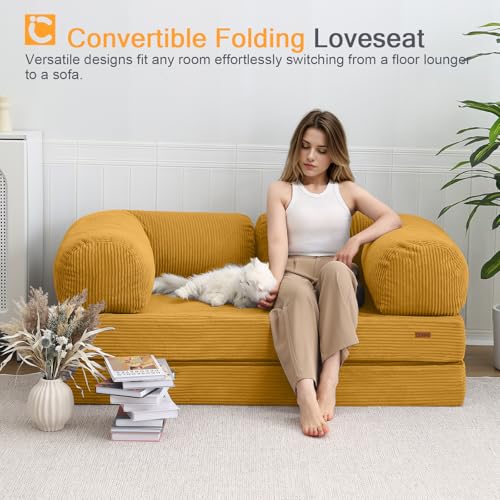 COMAX Folding Sofa Bed Convertible Chair Bed Corduroy 3-in-1 Floor Couch, Dark Grey E940