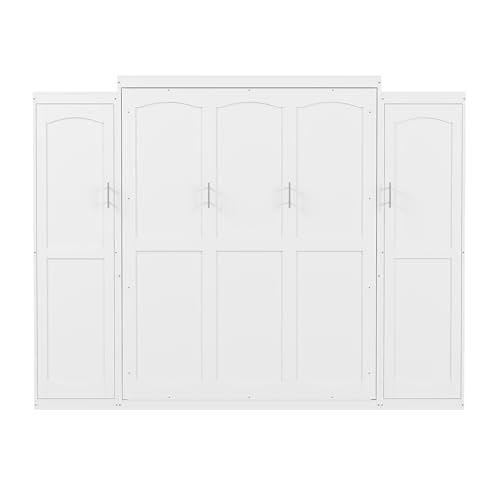 Queen Size Murphy Bed Wall Cabinet with 2 Wardrobes and Storage Shelf, White E955210